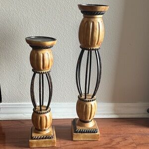 Tan and Brown Patina Candle Holders Set